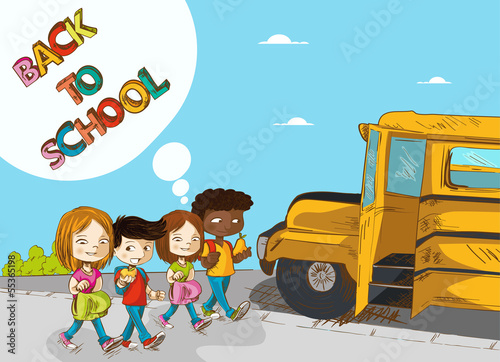 Back to school education kids walking to school bus.