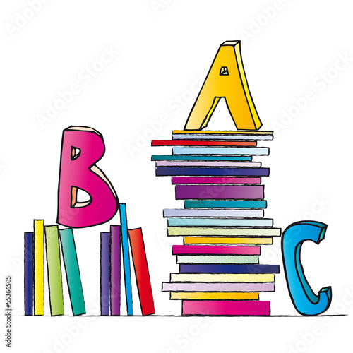 Bücherstapel mit ABC Buchstaben, deutsch lernen, lesen lernen, Wissen aneignen durch lernen in der Schule, homeschooling, Freilerner, back to school, Freude am Unterricht