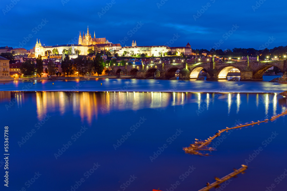The Castle and Charles Bridge in Prague at night