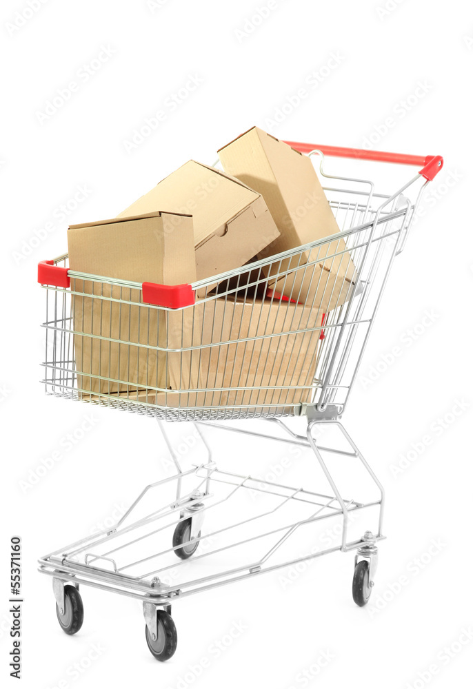Shopping cart with carton, isolated on white Shopping cart with carton, isolated on white