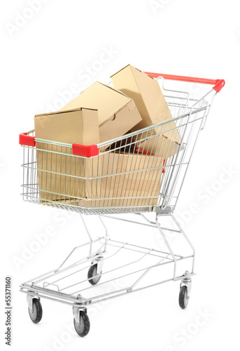 Shopping cart with carton, isolated on white