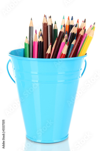 Color bucket with multicolor pencils, isolated on white