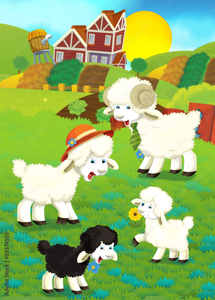 Naklejka premium Cartoon illustration with sheep family on the farm