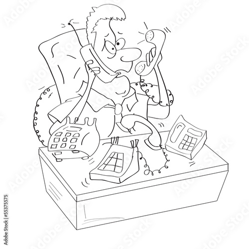A businessman is torn between phones.