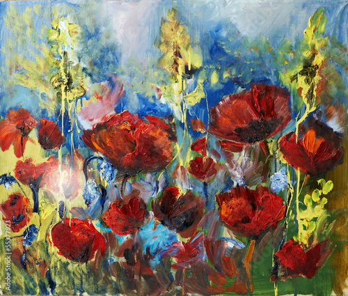 oil painting picture of red spring poppy