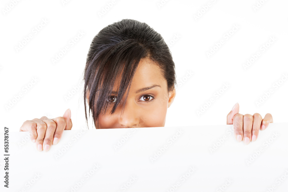 Portrait young happy woman with blank board Portrait young happy woman with blank board