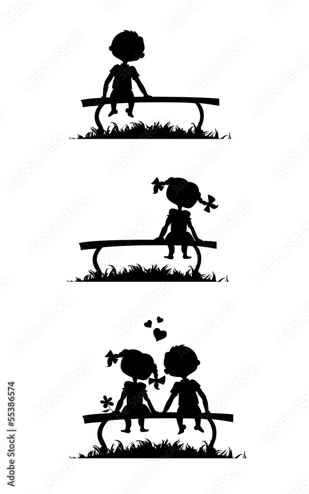 Silhouettes of boy and girl sitting on a bench