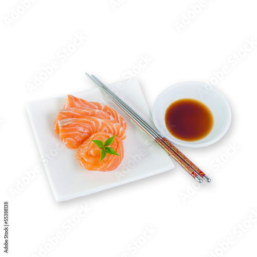 Raw Salmon on dish Japanese food isolated on white background