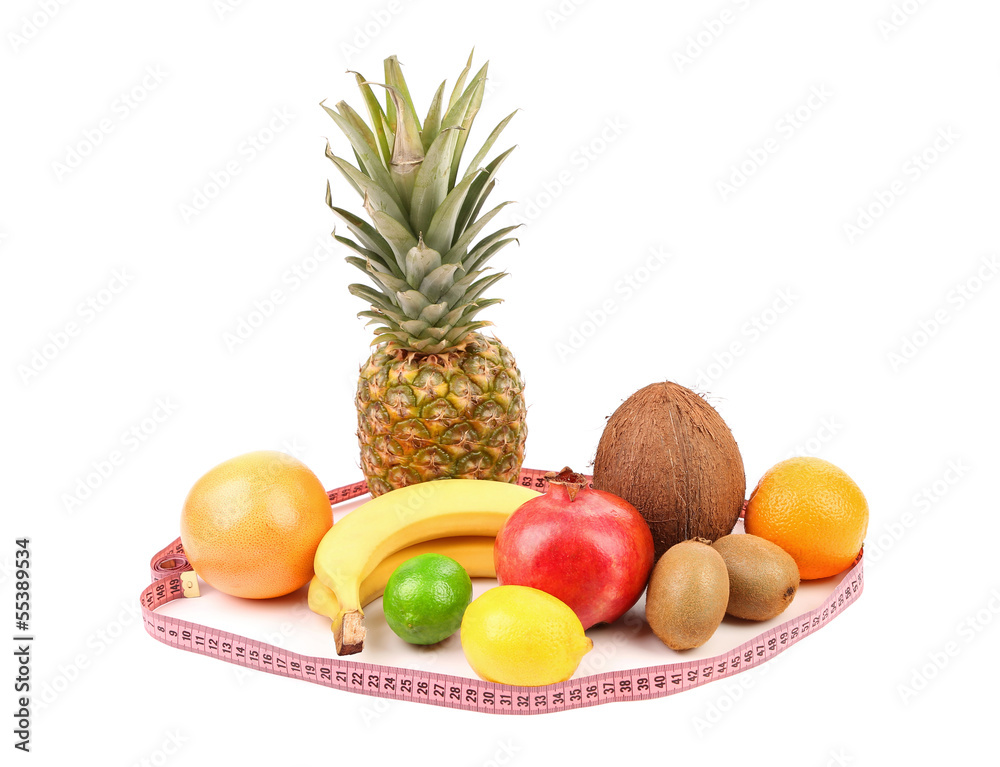 Tape measure and fruits composition.