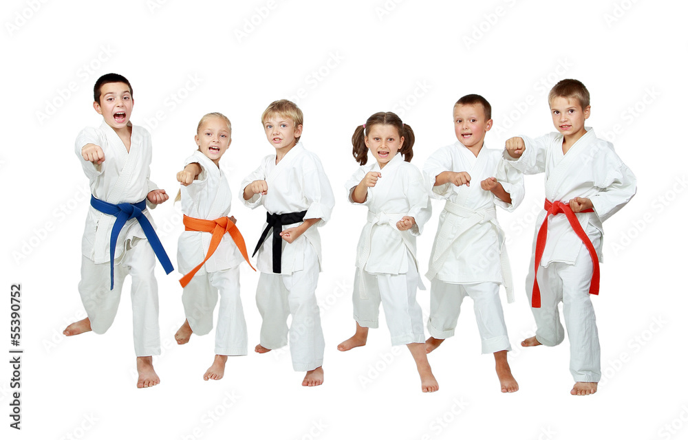 Сhildren in kimono perform techniques karate Сhildren in kimono perform techniques karate