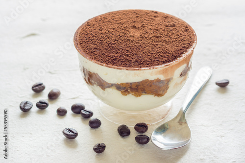 A cup of Tiramisu (with coffee beans)