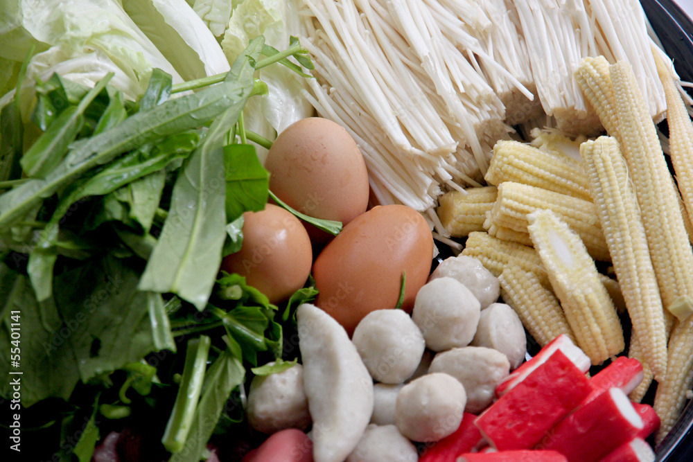 Vegetables boiled eggs, meatballs can be Sukiyaki. Vegetables boiled eggs, meatballs can be Sukiyaki.