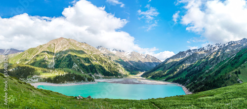 Panorama of spectacular scenic Big Almaty Lake, Kazakhstan