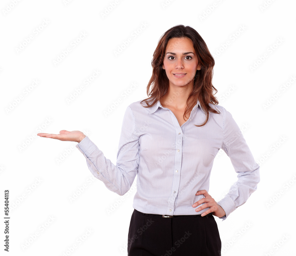 Lovely smiling woman holding palm out Lovely smiling woman holding palm out