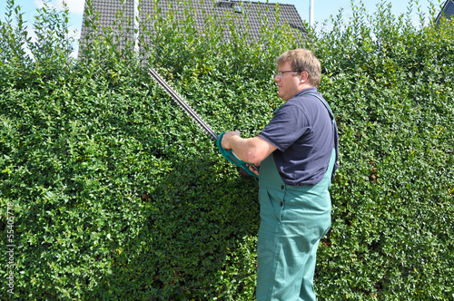 Gärtner beim Hecke schneiden