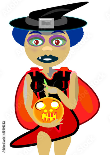 Mujer negra disfrazada de bruja con calabaza.