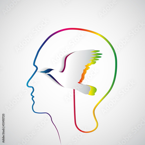 Human head with paper raindow bird - symbol Freedom and creativi