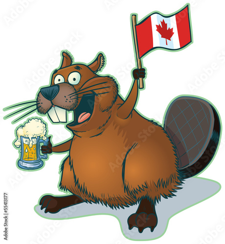 Cartoon Beaver with Beer and Canadian Flag