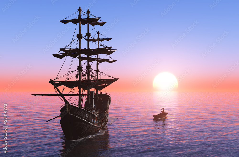 Sailing ship and a boat