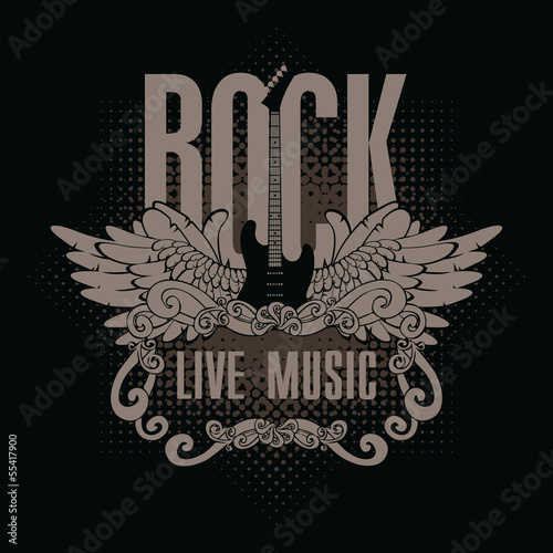 square banner with a guitar and wings