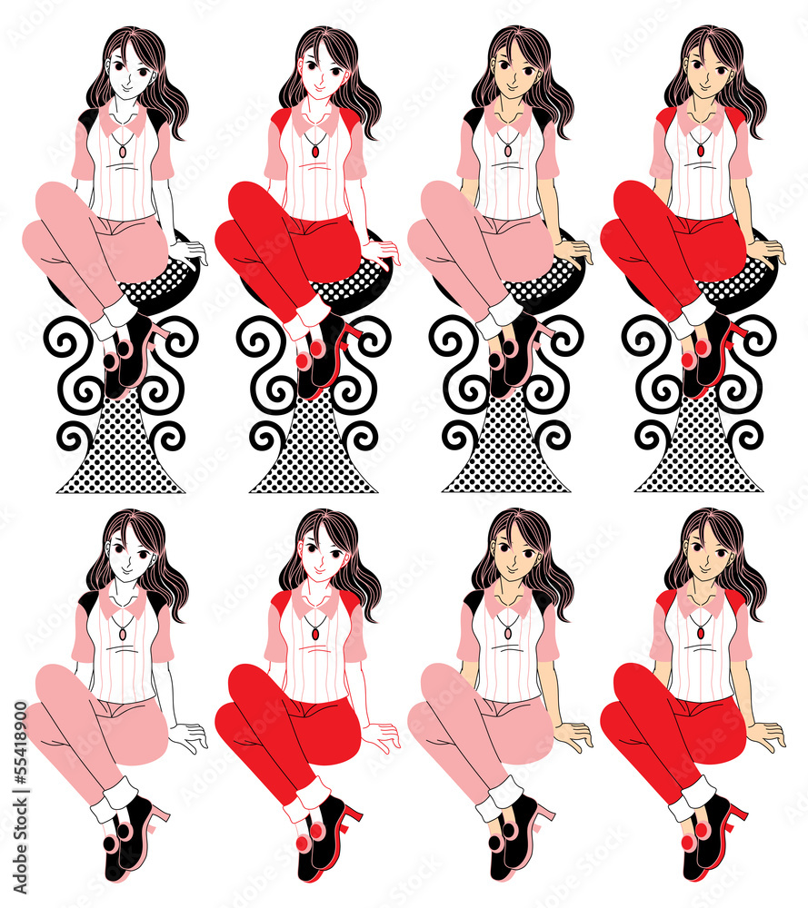 座る若い女性の挿絵カットイラスト 赤ピンク系セミロングヘアー ８パターン Stock ベクター Adobe Stock