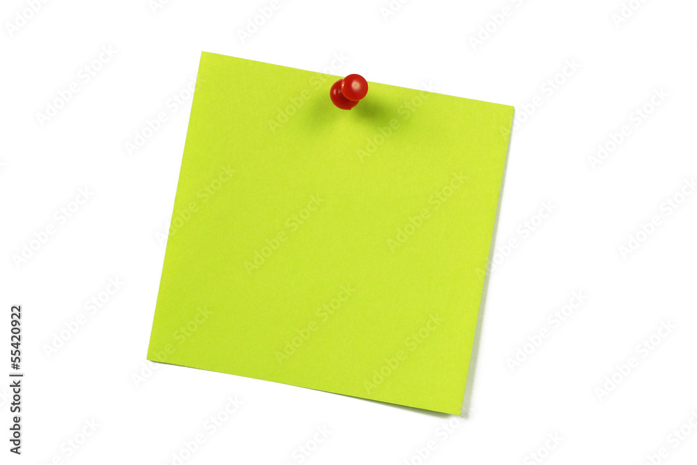 green blank note card with push pin on white green blank note card with push pin on white