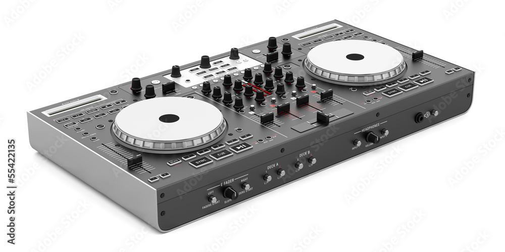 Obraz premium black dj mixer controller isolated on white background