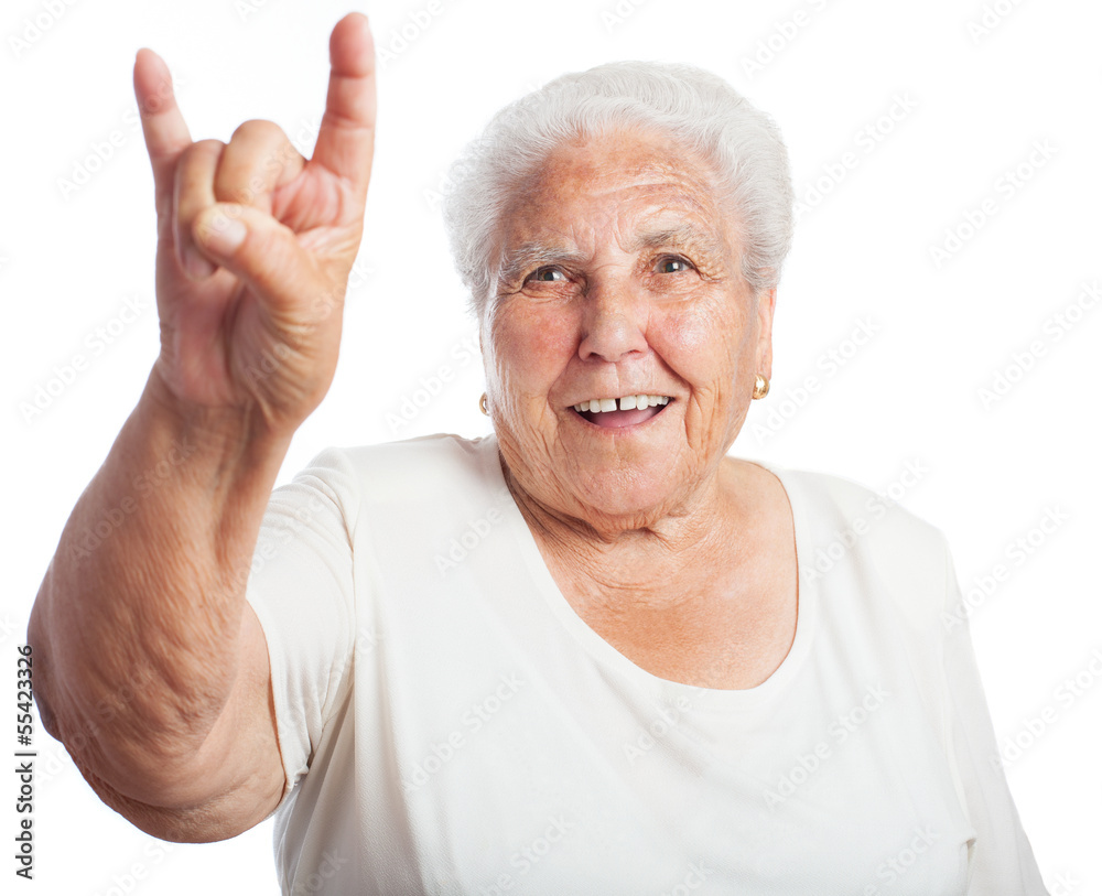 old woman rock gesture on white background old woman rock gesture on white background