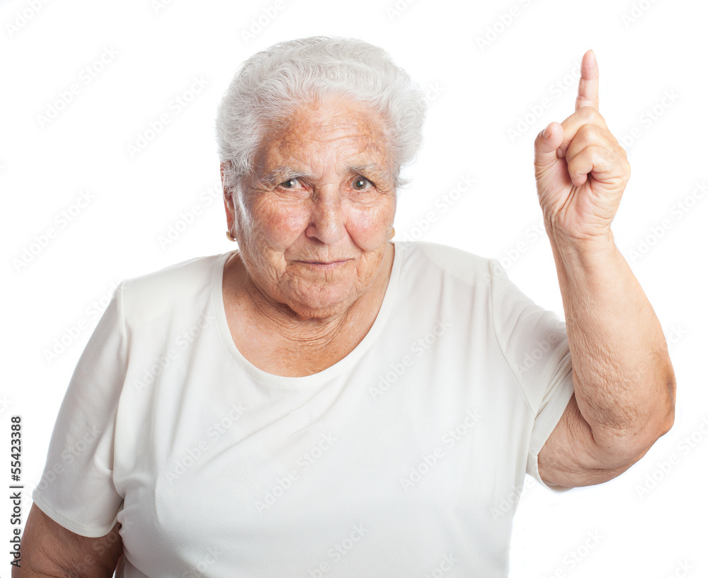elder women pointing up on a white background elder women pointing up on a white background