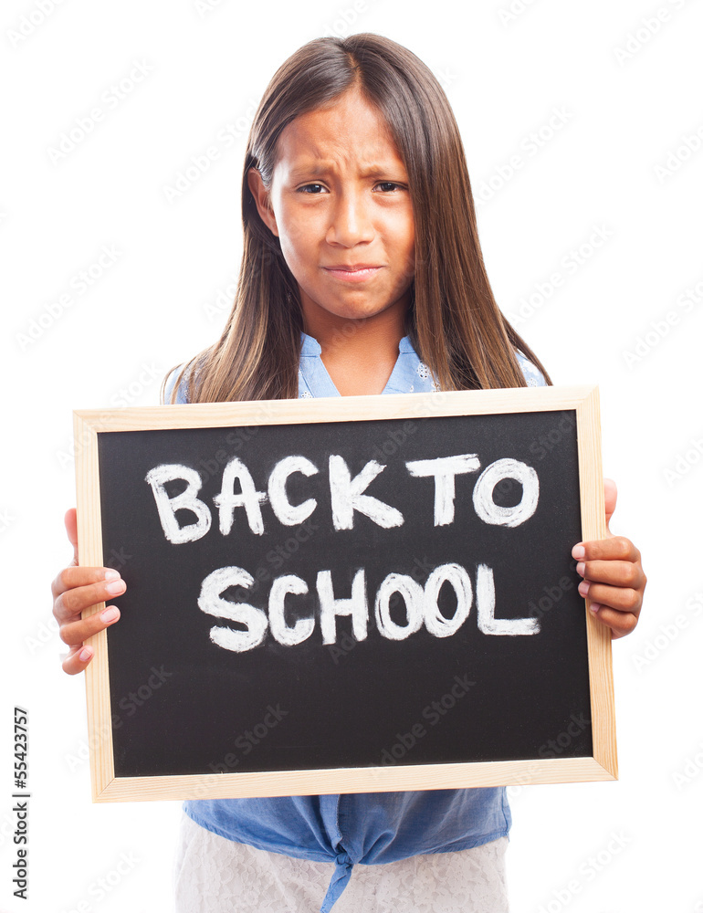 Sad girl holding a chalkboard on a white background