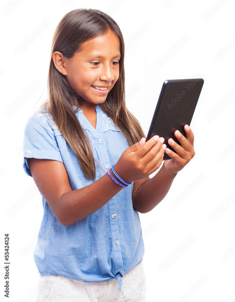 girl using a tablet on a white background girl using a tablet on a white background