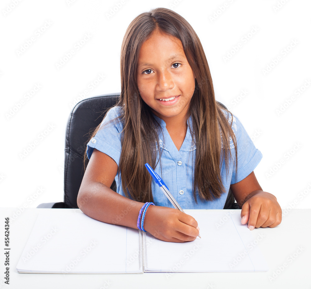 girl smiling doing homeworks on a white background girl smiling doing homeworks on a white background