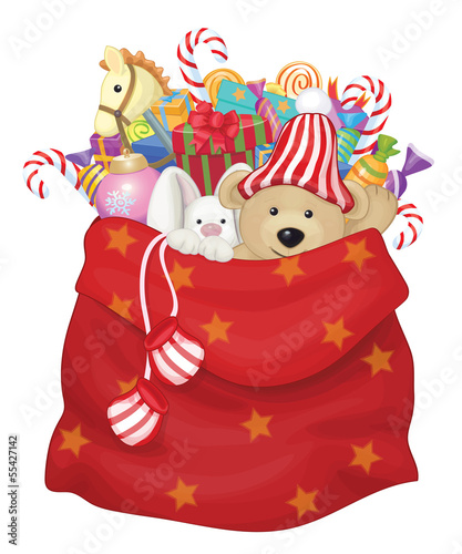 Vector Santa Claus bag with toys and gifts.