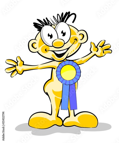 Winner man with a blue ribbon