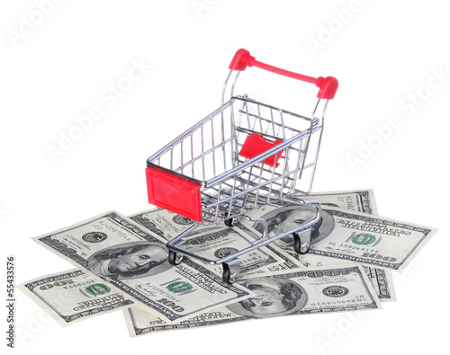 Shopping Cart on Dollar Bills isolated. Ttrolley on money