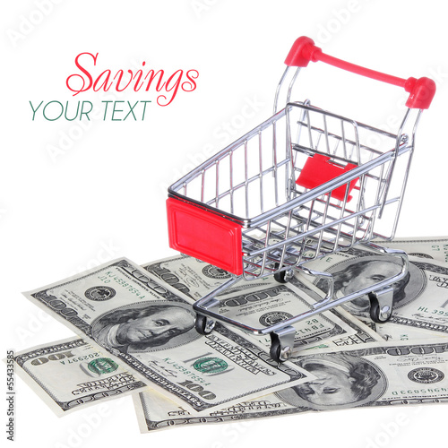 Shopping Cart on Dollar Bills isolated. Ttrolley on money