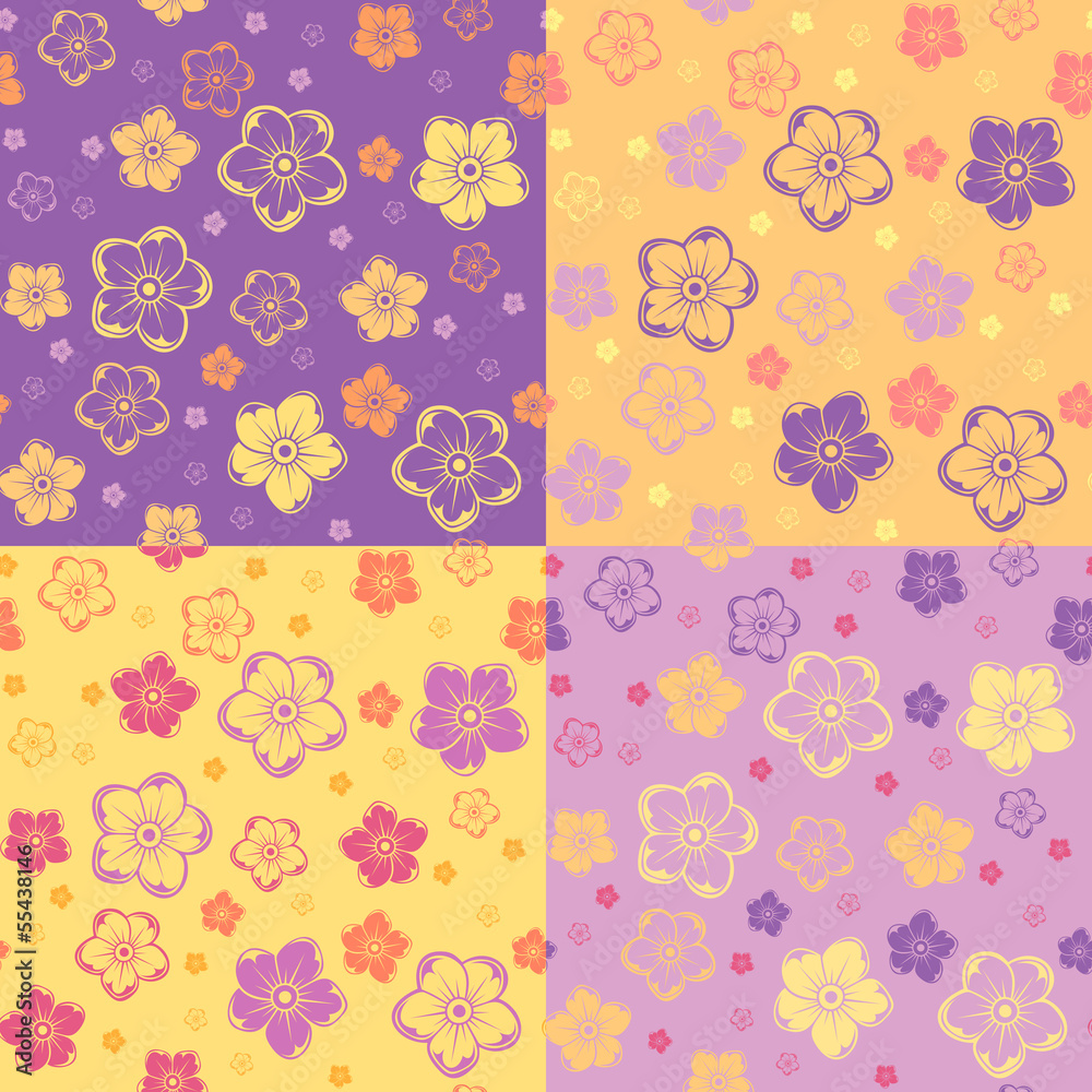 Set of four seamless patterns with flowers. Vector illustration.