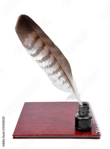Feather with ink bottle and workbook