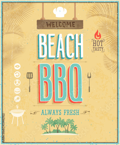 Vintage Beach BBQ poster. Vector background.