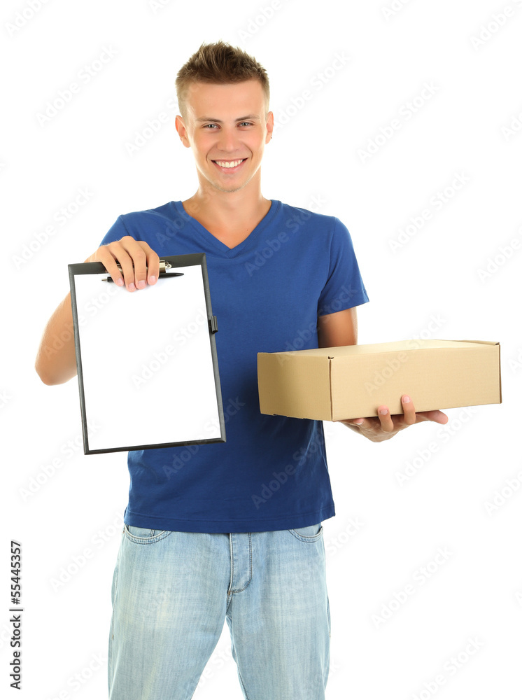 Young delivery man with parcel and clipboard, isolated on white Young delivery man with parcel and clipboard, isolated on white