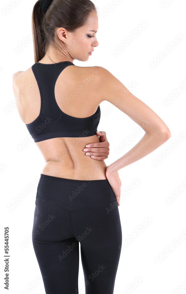 Back pain in young girls isolated on white Back pain in young girls isolated on white