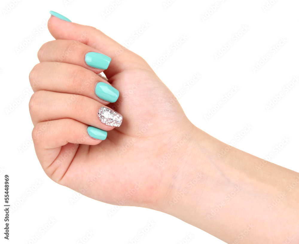 Beautiful woman hands with blue manicure,isolated on white Beautiful woman hands with blue manicure,isolated on white
