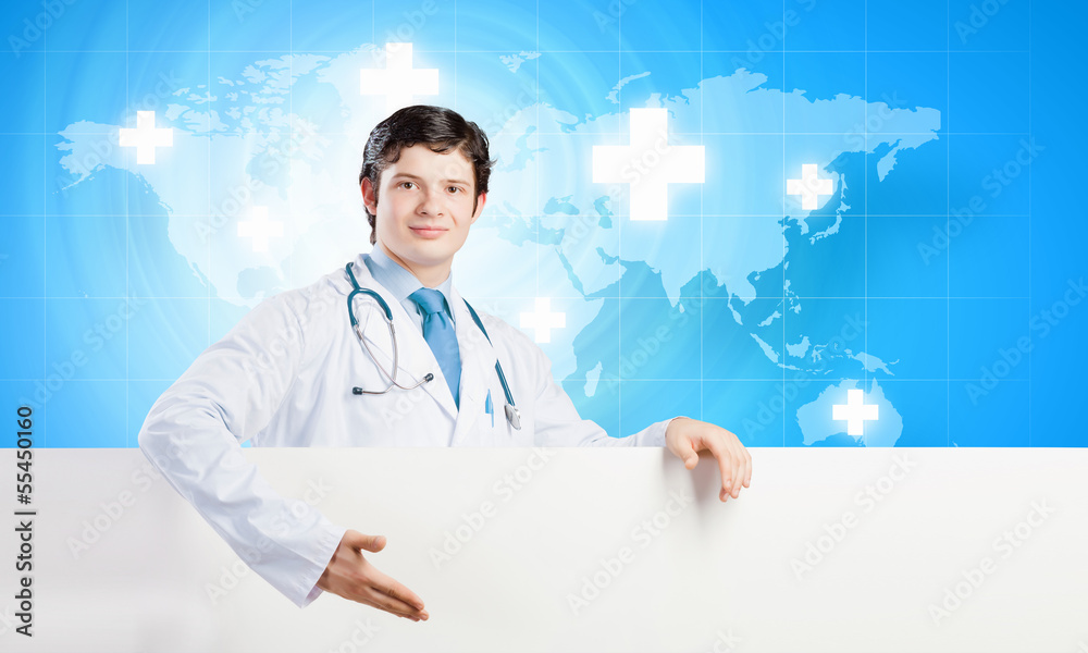 Doctor with blank banner Doctor with blank banner