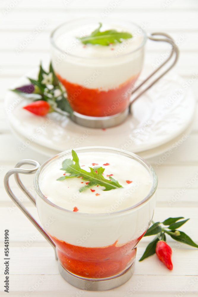Mousse of red pepper and cream, selective focus. Mousse of red pepper and cream, selective focus.