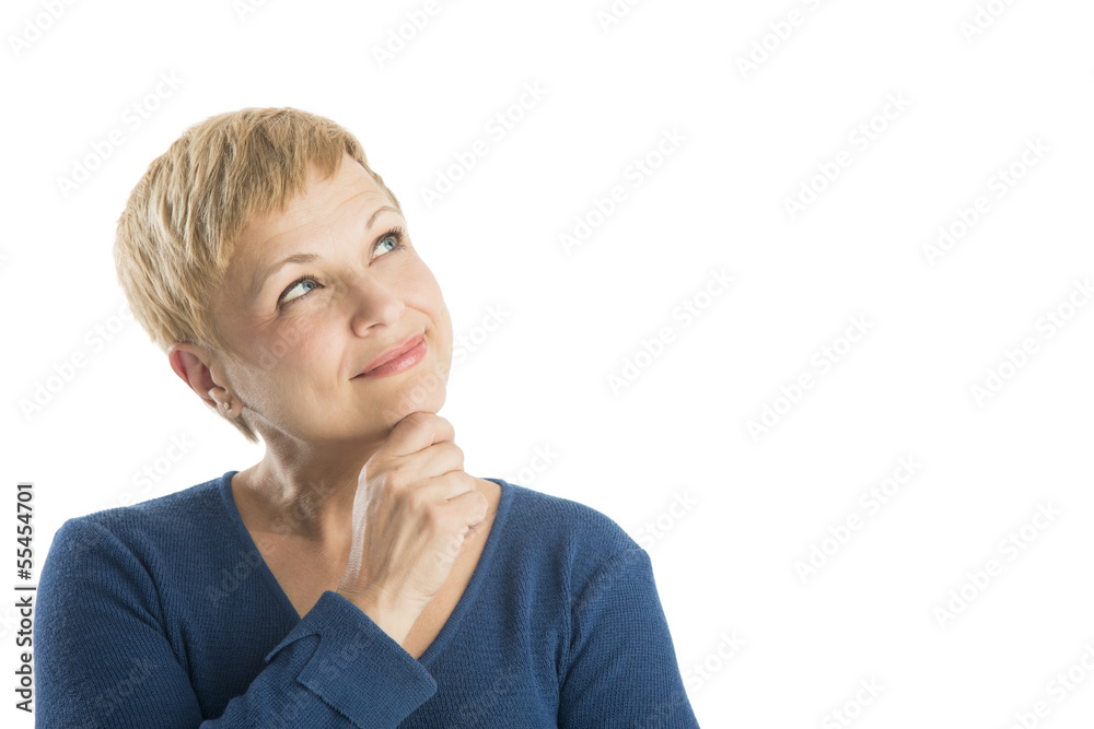 Thoughtful Woman With Hand On Chin Looking Up Thoughtful Woman With Hand On Chin Looking Up