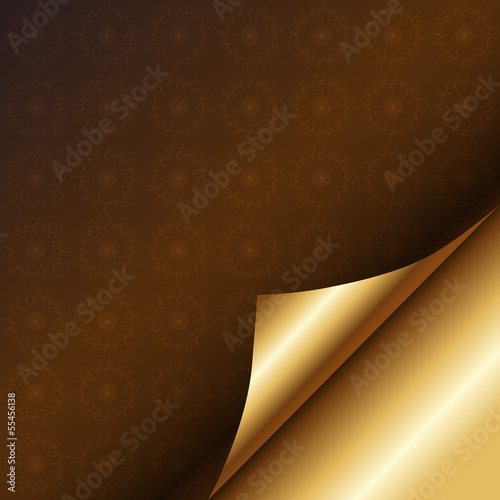 Brown patterned paper with a curl. Luxury background with a gold