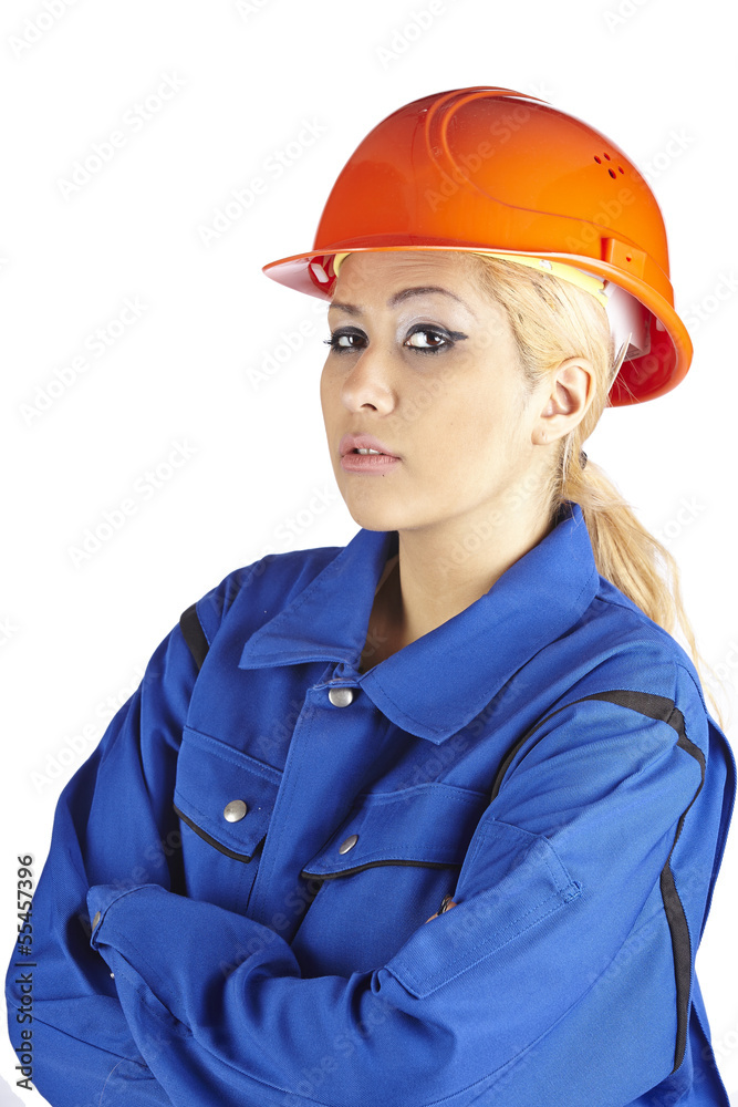 Fröhliche Handwerkerin mit Blaumann und rotem Bauhelm Fröhliche Handwerkerin mit Blaumann und rotem Bauhelm