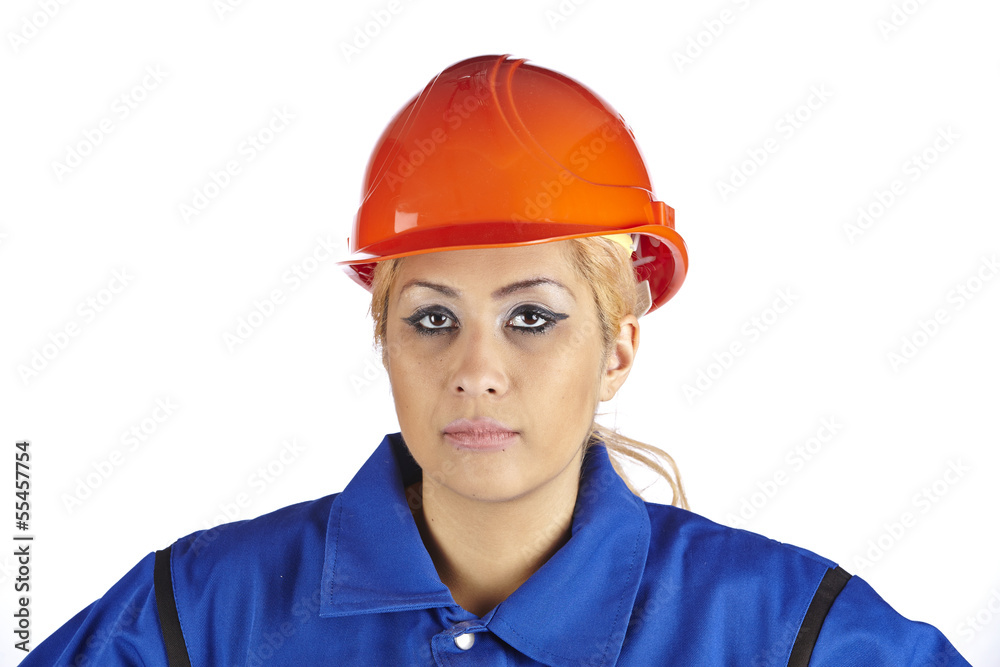 Fröhliche Handwerkerin mit Blaumann und rotem Bauhelm Fröhliche Handwerkerin mit Blaumann und rotem Bauhelm