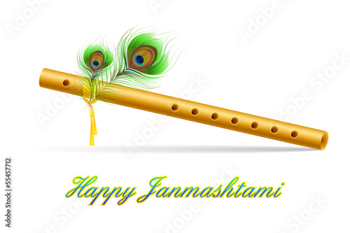 illustration of bansuri with Peacock feather in Janmashtami