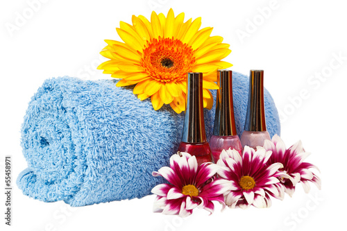 blue towel, nail polish, gerbera